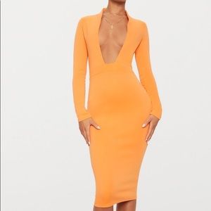Orange Bonded Scuba Collar Plunge Midi Dress